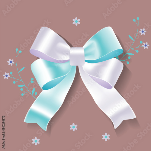 Pastel satin gift bow with gentle spring flowers. Elegant vector illustration for March 8, holidays, greeting cards and festive design
