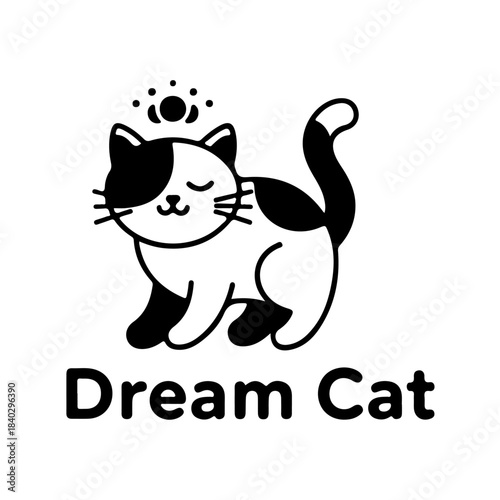 Cute dreaming cartoon cat with closed eyes and spotted fur. charming graphic illustration for pet themes, logos, and branding. isolated on transparent background