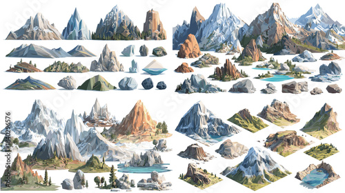 Detailed mountain and landscape elements featuring snowy peaks, rocky cliffs, lakes, greenery, and natural terrains. Perfect for map creation, environment design, outdoor artwork, and adventure themes