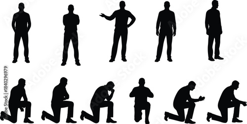 Black male silhouette standing and kneeling poses set, thinking, praying and presenting gestures isolated on white background illustration