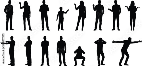 Black silhouette people standing and gesturing set, diverse human body poses isolated on white background for communication concepts illustration collection