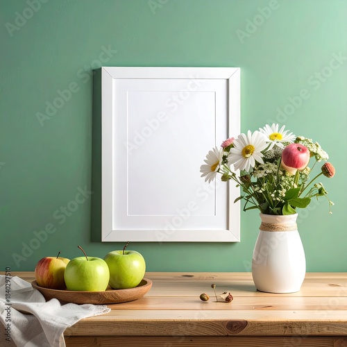 A white frame hangs on a sage green wall, beside a bouquet of wildflowers in a white vase and apples on a wooden tray