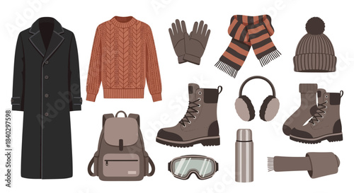 Winter Clothing and Accessories Illustration for Cold Weather.
