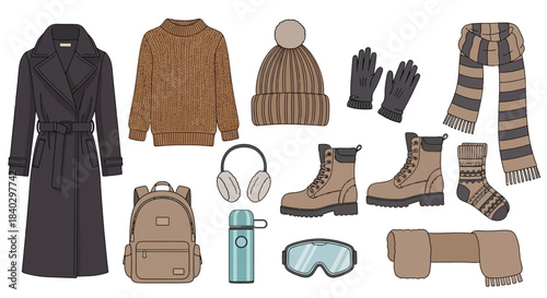 Winter Outfit Essentials: Coat Sweater Hat and Accessories.