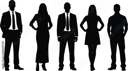 Confident business men and women silhouette team standing in formal attire, professional corporate people isolated on white background illustration set