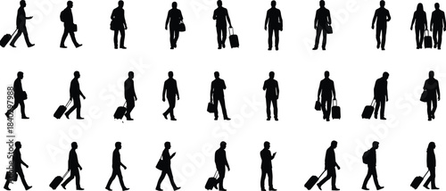 Business traveler silhouettes walking with luggage set, men and women commuter people in motion isolated on white background illustration