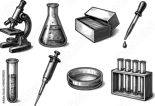 Vintage science equipment set: microscope, beakers, test tubes, and more in etched style