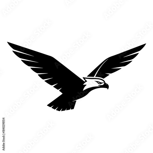 Powerful black and white eagle mascot illustration, majestic bird of prey in full flight with widespread wings, embodying strength and freedom. isolated on transparent background