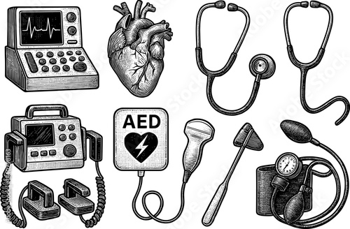 Medical equipment collection: detailed engraving style for healthcare illustration
