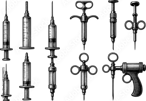 Vintage medical syringe collection in retro engraved style