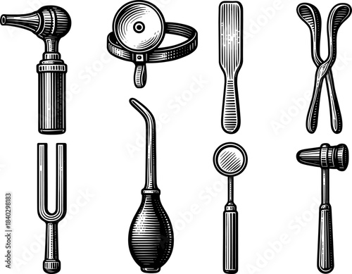 Vintage medical tools engraving art with stethoscope, otoscope, and more