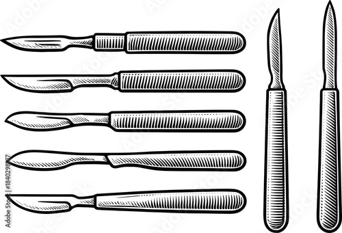 Vintage surgical scalpel collection in detailed engraved style for medical design
