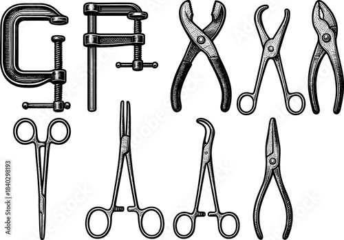 Detailed engraving of vintage workshop tools for craftspersons and artisans