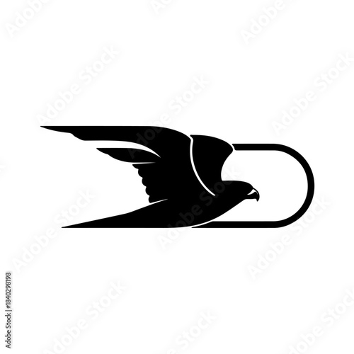 Dynamic flying eagle or falcon silhouette logo with stylized geometric arch element, freedom, strength, speed, abstract vector graphic design. isolated on transparent background