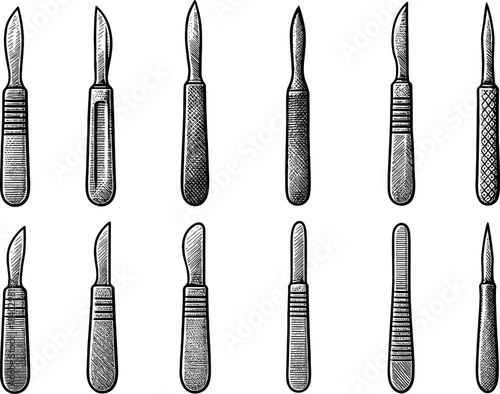 Vintage surgical scalpel collection with detailed engraving style