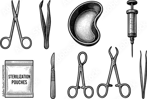 Medical tools set: scissors, tweezers, scalpel, syringe, sterilization pouches in vintage design