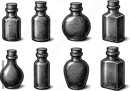 Vintage glass bottles with cork stoppers in engraved style