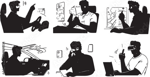 Black Solid Driver Advanced Tech Interaction Silhouettes Set of Six on White Background