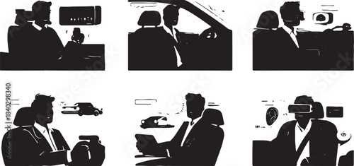 Black Solid Driver Advanced Tech Interaction Silhouettes Set of Six on White Background