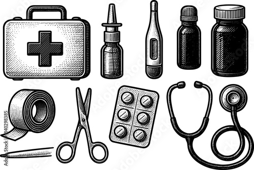Vintage medical equipment: engraved style first aid kit, stethoscope, thermometer, bottles, scissors, and pills
