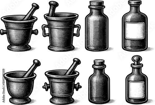 Vintage apothecary collection with mortars and bottles in engraved style