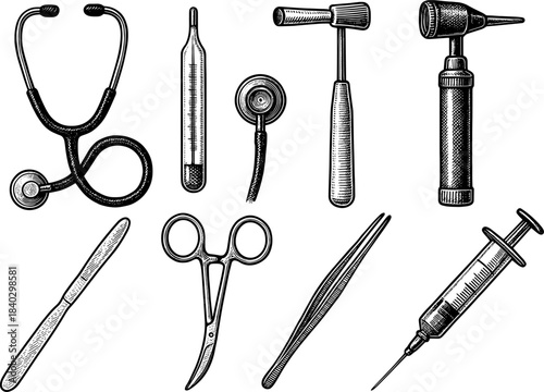 Retro medical instruments collection featuring vintage surgical tools and devices