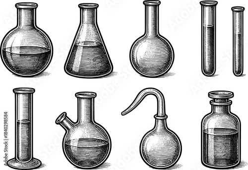 Vintage laboratory glassware set with retro engraving style