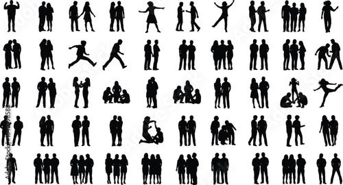 Large people silhouette collection showing couples, groups, conversations, conflict, friendship and social interaction poses isolated on white background illustration set