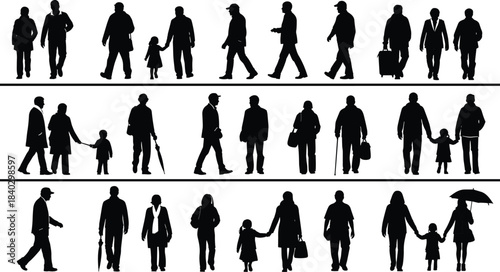 Family and people silhouettes walking together across generations, adults, children and seniors in daily life activities isolated on white background illustration