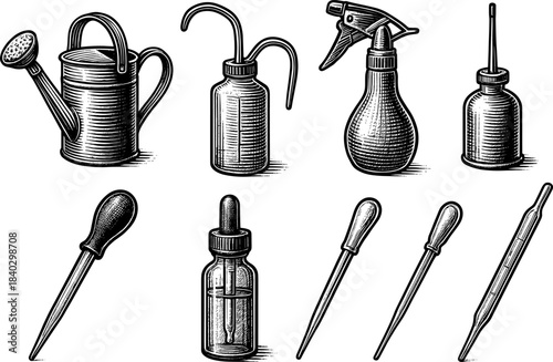 Vintage gardening and laboratory tools engraving style collection