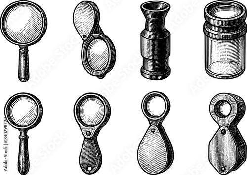 Vintage magnifying glass and optical instruments in engraved style