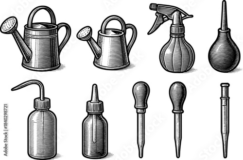 Vintage gardening and laboratory tools in engraved style