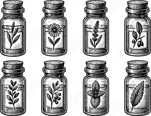 Vintage botanical herb jars collection with intricate engravings