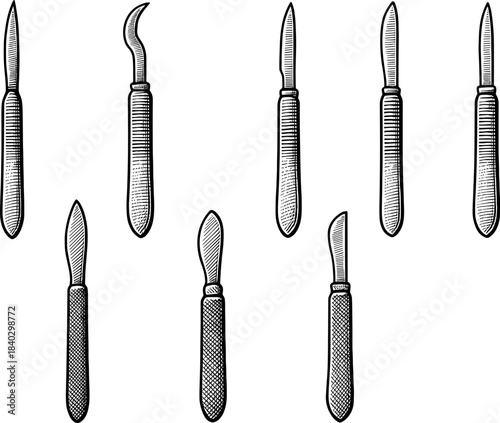Vintage illustration of surgical scalpel set with engraved handles on white background