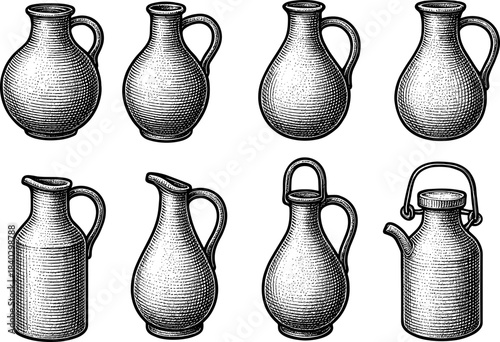 Vintage black and white engraving of ceramic jugs and pitchers