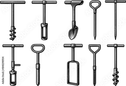 Set of hand drawn auger style soil samplers for agriculture and geology