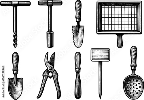Vintage gardening tools collection featuring hand-drawn style
