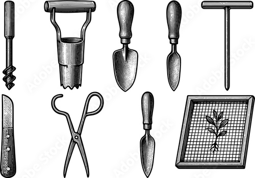 Vintage garden tools collection featuring hand drawn engraving style