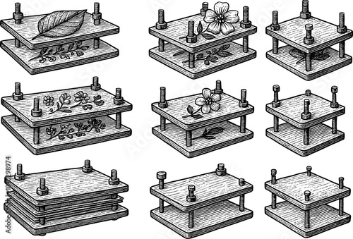 Vintage botanical press: decorative nature-inspired engraved wood panels with floral designs