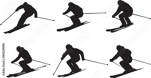 Black Solid Alpine Deep Carved Turns Silhouettes Set of Six on White Background