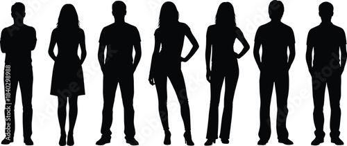 People silhouette row standing confident, men and women casual modern poses set isolated on white background lifestyle concept illustration