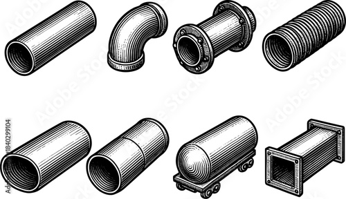 Retro metal pipe components set in vintage black and white engraving style