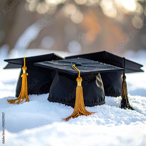 Three black graduation caps with gold tassels resting on a snowy landscape