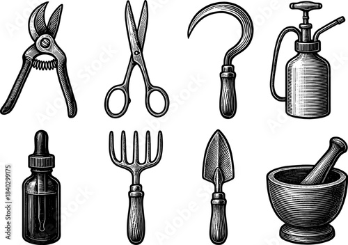 Vintage engraved gardening tools: classic design for horticulture enthusiasts