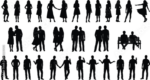 People silhouettes group collection standing, walking, couples interaction and gestures set, men and women social poses isolated on white background illustration