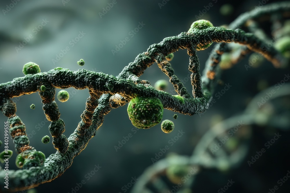 Fototapeta premium Close-up of green DNA double helix with bacterial spheres in a microscopic scene
