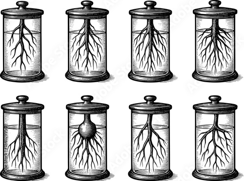 Intricate vintage jars with organic roots and specimens