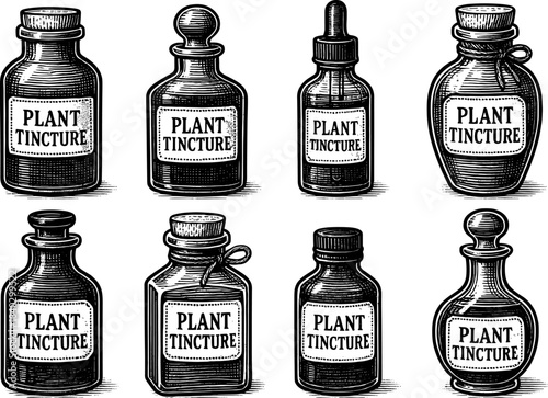Vintage apothecary bottles with plant tincture labels in engraved style
