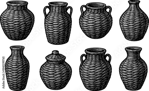 Hand drawn wicker patterned vases collection in black and white style