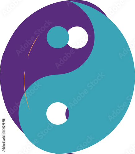 A vibrant and modern interpretation of the ancient yin yang symbol featuring contrasting purple and teal colors representing balance harmony and duality in a circular design